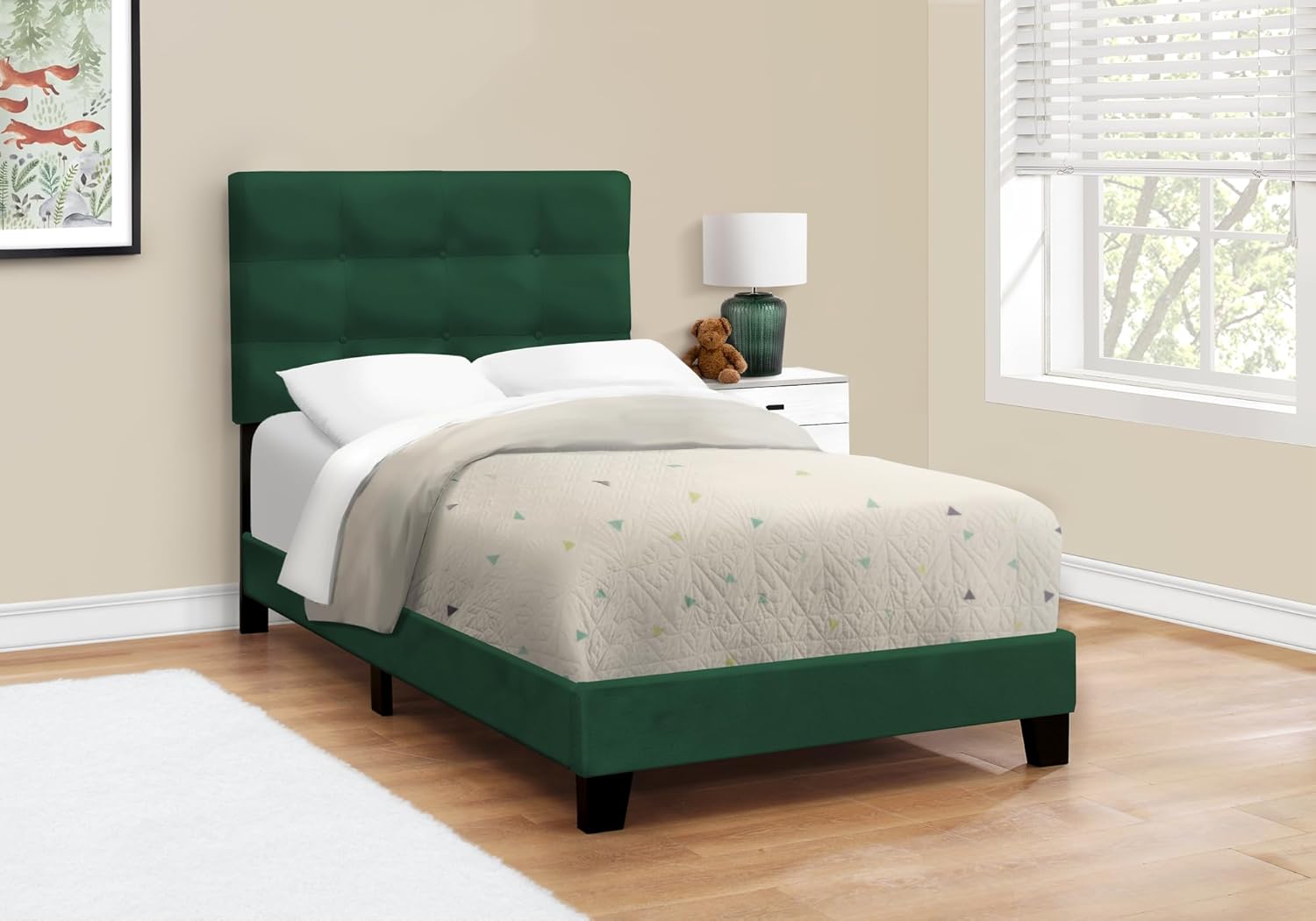 Monarch Specialties 5917T Bed, Twin Size, Upholstered, Bedroom, Frame Only, Youth, Teen, Juvenile, Green Velvet Platform, 80.25