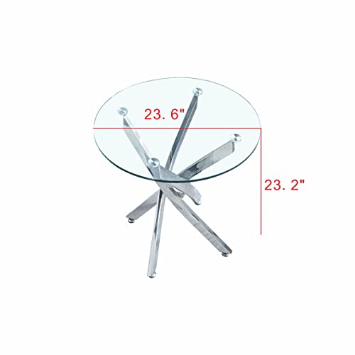 Round Glass End Table with Chrome Legs, Modern Tempered Glass Side Table, 0.39