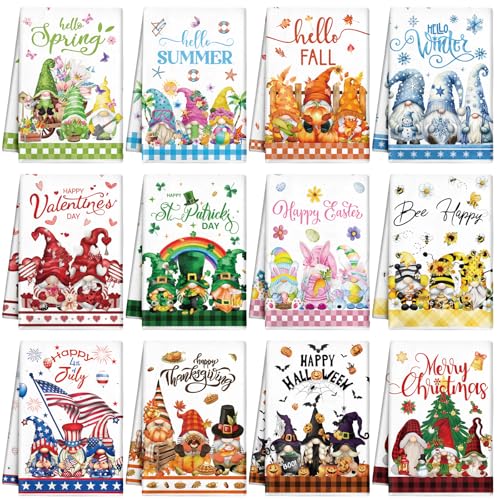 12 Pcs Seasonal Kitchen Towels Set for All Holidays Hand Dish Tea Towels Gift Bulk Christmas Absorbent Dishcloths Housewarming Gift for Cooking Kitchen Bathroom(Gnome Style,Bright Color)