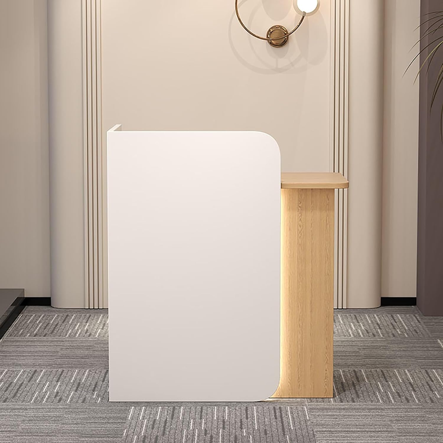 Standing reception desk for small space, reception counter with LED lights, front desk reception counter with locked drawers, with two layouts, suitable for salon reception, upload cashier, etc.(A,120