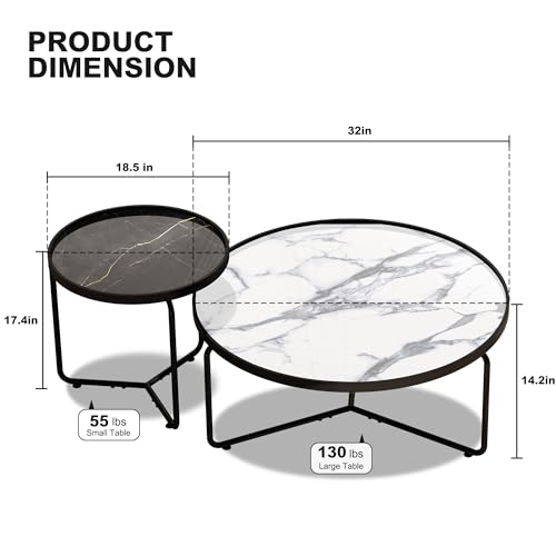 HLR White Round Glass Coffee Table Set of 2,Modern Coffee Table with Sturdy Metal Frame,Cocktail Table with Classic White and Black Faux Marble Tray Top,Nesting Table for Living Room Patio Office