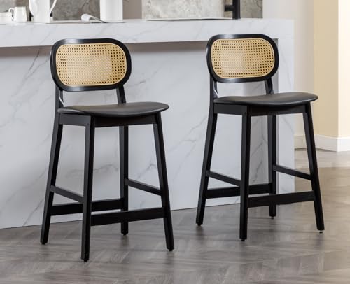 Shunzhi Rattan Counter Height Bar Stools Set of 2 with Cane Back Upholstered Farmhouse Barstools Boho Wood Kitchen Island Chairs Comfy Bar Chairs for Pub/Home Bar, Linen Beige
