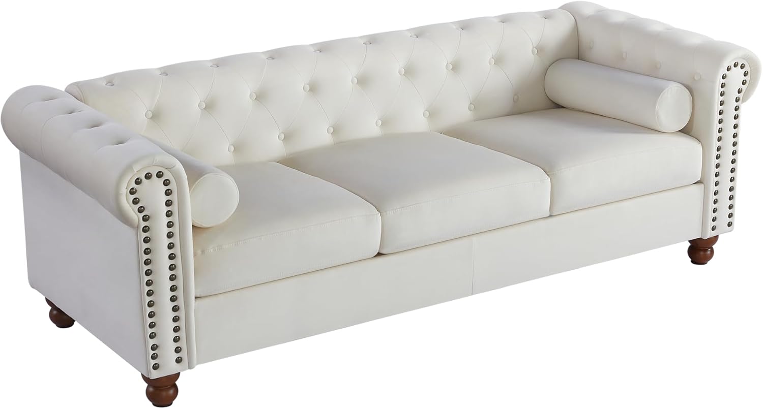 Classic Traditional Living Room Upholstered Sofa with velvet fabric Surface/Chesterfield Tufted Fabric Sofa Couch, Large-White