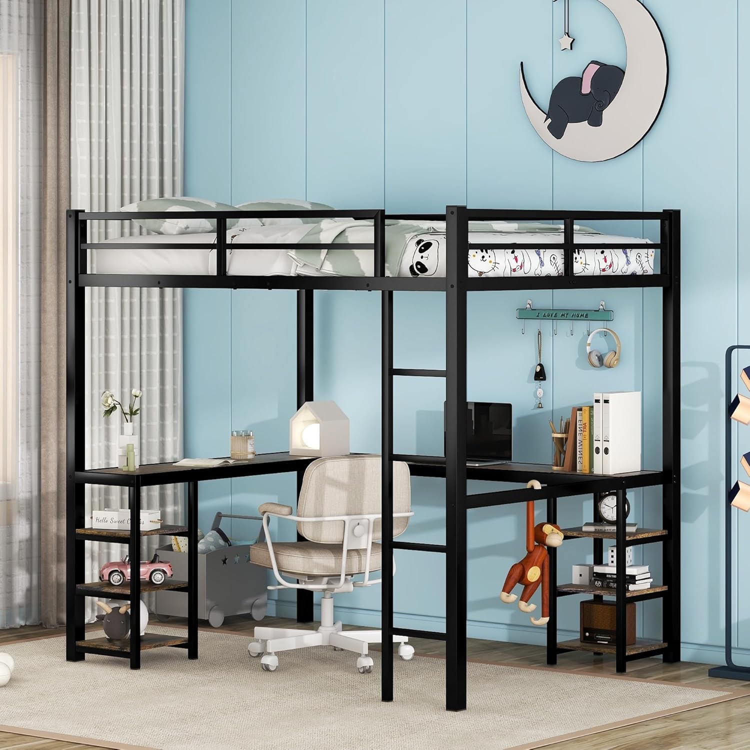 CITYLIGHT Full Size Loft Bed with L Shaped Desk and Storage Shelves Metal Full Loft Bed with Built-in Ladders and Guardrails, Noise Free, No Box Spring Needed (Full, Black)