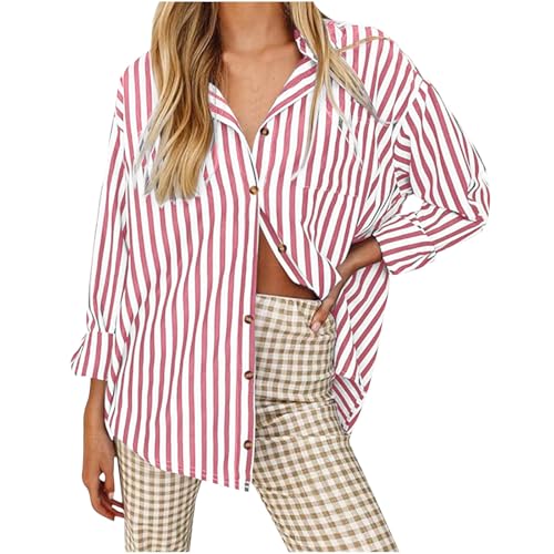 Women's Button Down T-Shirts Plus Size Long Sleeve Loose Fit Blouses Casual Trendy Striped Vacation Work Office Tops
