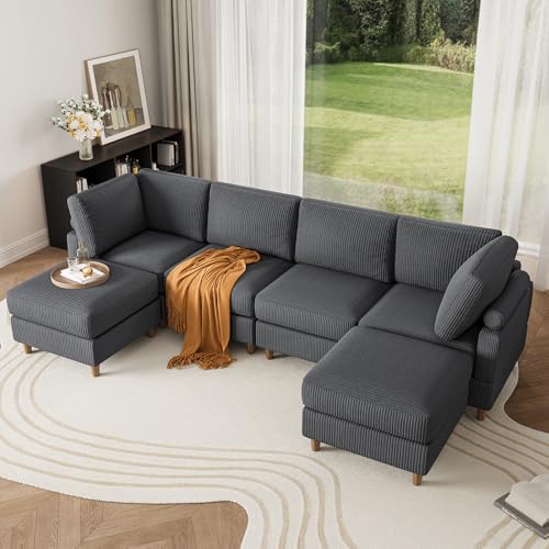 Modular Sectional Couch, Convertible U Shaped Couch with Chaise, Oversized 4 Seater Couch with 2 Ottomans, Comfy Corduroy Couch for Living Room, Dark Grey