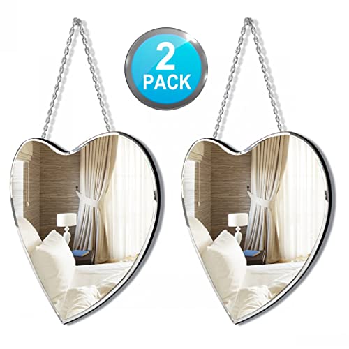 QMDECOR Heart Shaped Mirror with Iron Chain for Wall Decor 12x12 inch 2 Pack Wall Hang Real Glass Frameless Decorative Accent Mirror Glam Mirror