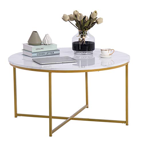 Modern Round End Table, Side Table for Living Room, Faux White Marble Top with Gold Base