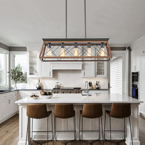 HuixuTe 5-Light Farmhouse Pendant Light for Dining Room, Rustic Kitchen Island Lighting, Adjustable Height Chandeliers for Kitchen, Dining Room Table Black