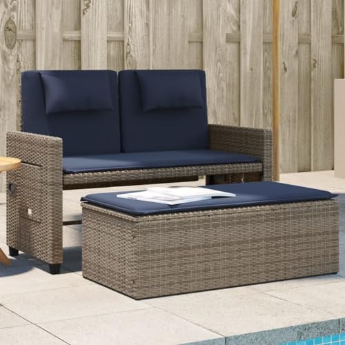 Reclining Patio Bench with Cushions Gray Poly Rattan,AllinOne Patio Bench with Adjustable Backrest and Foldable Side Tables for Indoor and Outdoor Use Patio Seating Furniture