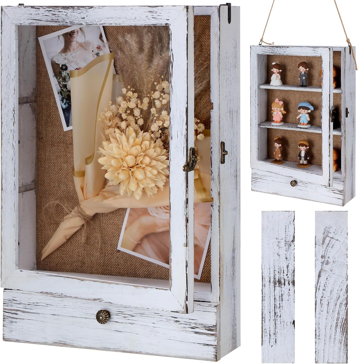 11 x 16 Inch Large Shadow Box Frame Wedding Bouquet Preservation Box Rustic Wood Memory Box Display Case with Removable Shelve and Drawer for Pictures Flowers Memorial Medals, Distressed White