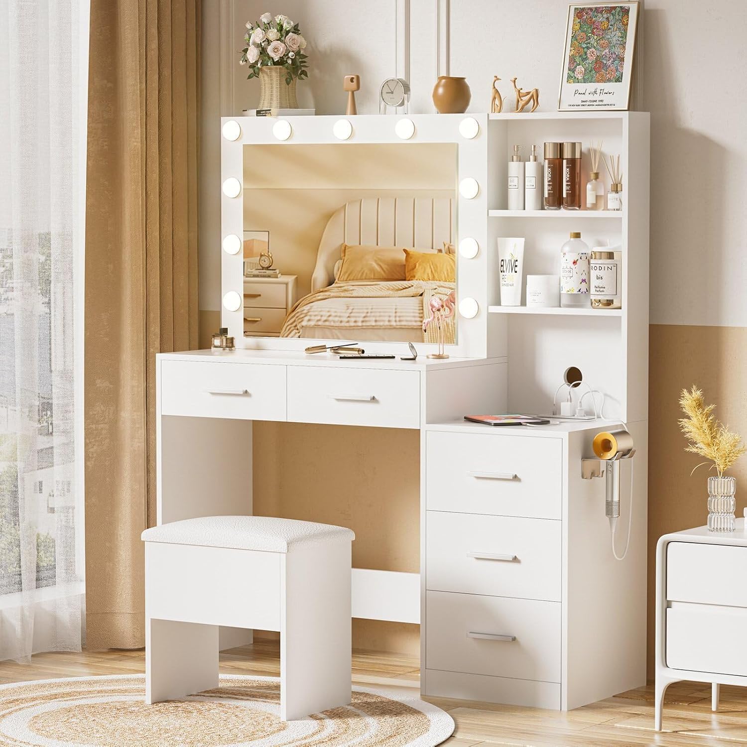 Makeup Vanity Desk with Mirror and Lights,Power Outlet, Makeup Table with Drawers & Open Storage Shelves,Storage Stool,Dressing Vanity Tables for Women Girls, Bedroom, White