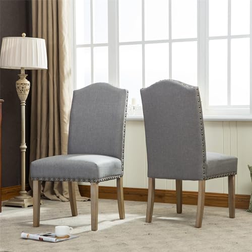 Upholstered Dining Chairs Set of 2, Brass Nailhead Trim, Durable Oak Hardwood Frame, Driftwood Finish, Soft and Comfortable Linen and Cotton Fabric, for Dining Room, Kitchen, and Living Room (Grey)