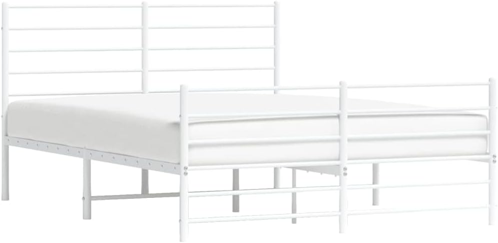 vidaXL Sturdy and Elegant Metal Double Bed Frame with Headboard, Footboard and Extra Under-Bed Storage Space, Powder-Coated Steel Construction, White