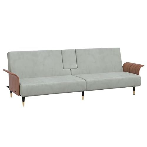 Sofa Bed with Cup Holders Light Gray Velvet,Versatile Sofa Bed: Comfortable Seating and Convenient Sleeping Solution Sofas & Couches for Living Room
