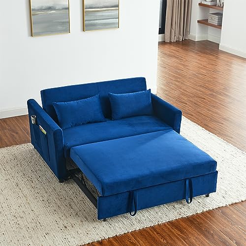 Sleeper Sofa Chair Bed,Convertible Futon Loveseat Sofá 3-in-1, Pullout Chaise Lounge Couch 2 Seaters with Adjustable Back for Living Room Apartment Small Space, Blue 53.94