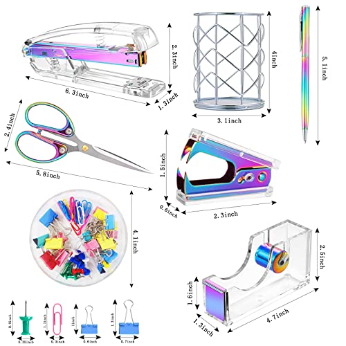 Office Desk Accessories，Office Supplies Set Acrylic Stapler Set Staple Remover, Tape Holder, Pen Holder, 2 Ballpoint Pen, Scissor, Binder Clips, Paper Clips and 1000pcs Staples(Silver)
