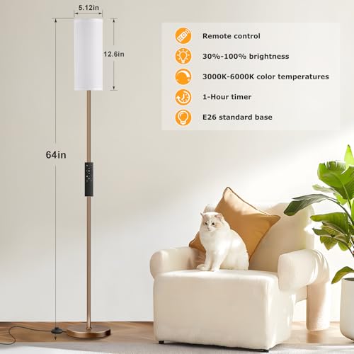 Ambimall 64'' Floor Lamps for Living Room with Remote Control and Stepless Dimmable Colors Temperature & Brightness, 9W Bulb Included(White Lampshade & Brown Pole)