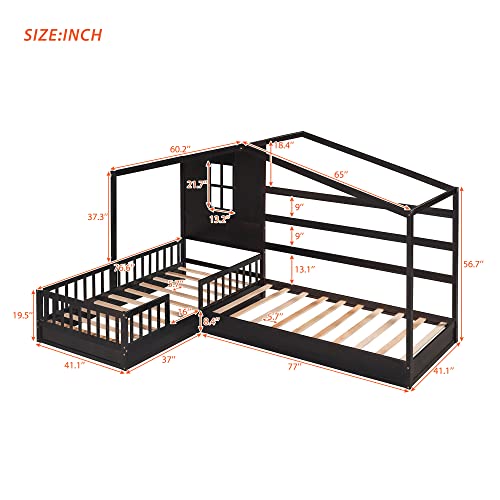 Twin Size L-Shaped Structure House Bed, Bedroom Furniture Pine Wood House Bed Frame with One Full Fence Bed and Decorative Panel at The Back, for Kids & Teens (White)