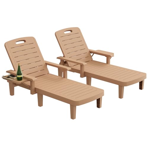Oversized Outdoor Chaise Lounge Chairs Set of 2, Patio Lounge Chair with Adjustable Backrest, Pool Chaise Lounge with Cup Holder, Resin Chair for Poolside, Beach, Garden and Yard - Wood Grain