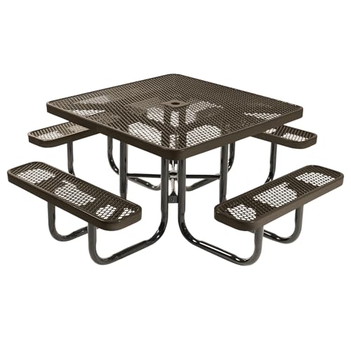 Coated Outdoor Furniture Heavy-Duty Portable Outdoor Picnic Table with Umbrella Hole, Expanded Metal Commercial-Grade Patio Dining Furniture Made in America (46