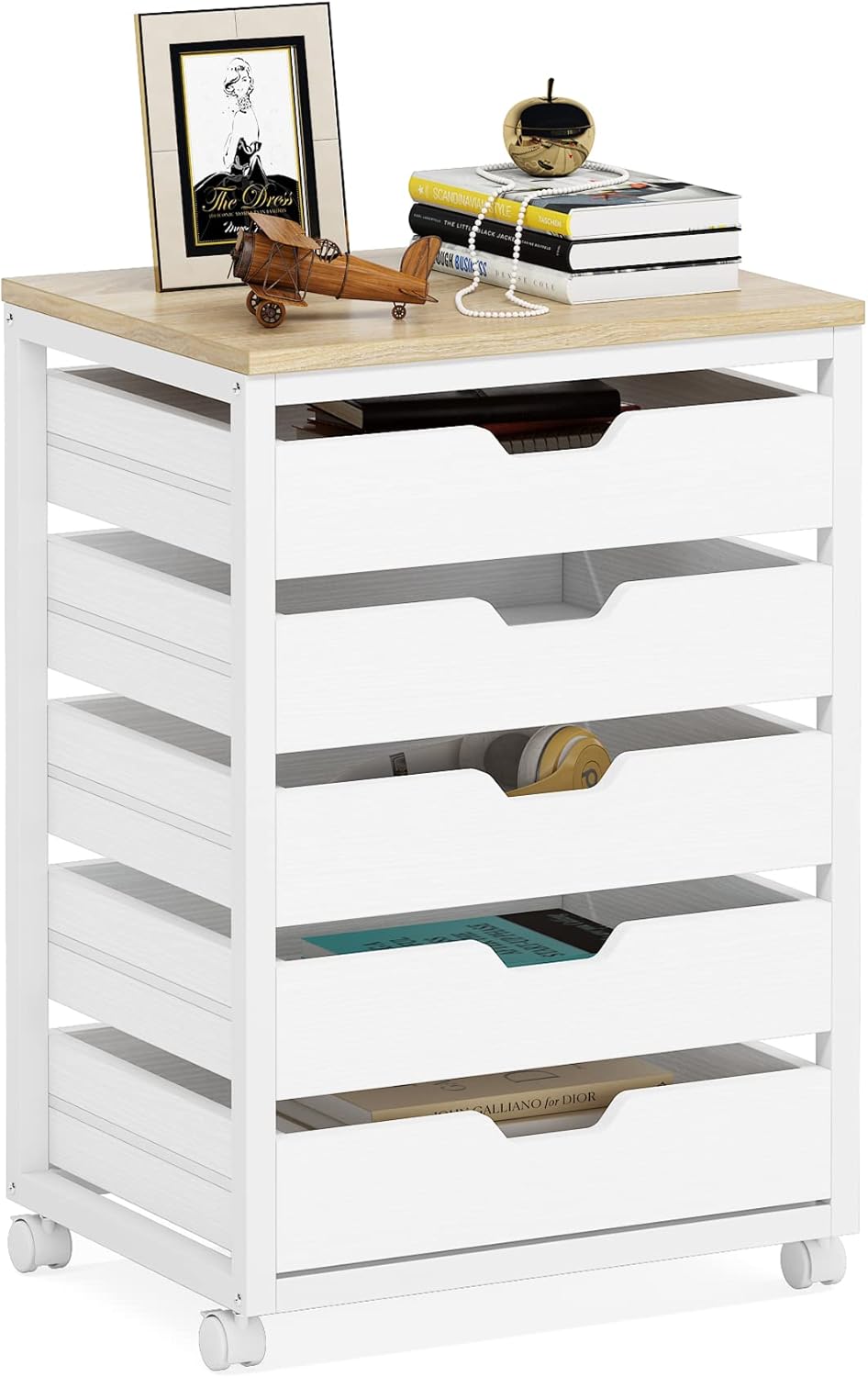 5 Drawer Chest, Wood Storage Dresser Cabinet with Wheels, Storage Chest of Drawers for Office Bedroom Entryway, White