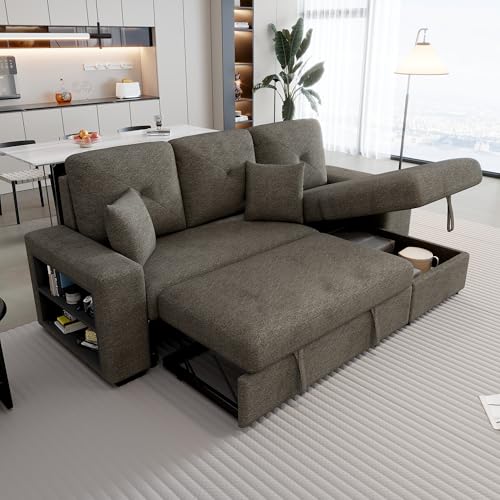 P PURLOVE Sectional Sofa with Pull-Out Sleeper Sofa Bed, Reversible Sectional Sofa with Storage Chaise and 2 Stools, L Shaped Couch Set for Living Room Apartment, Knox Charcoal