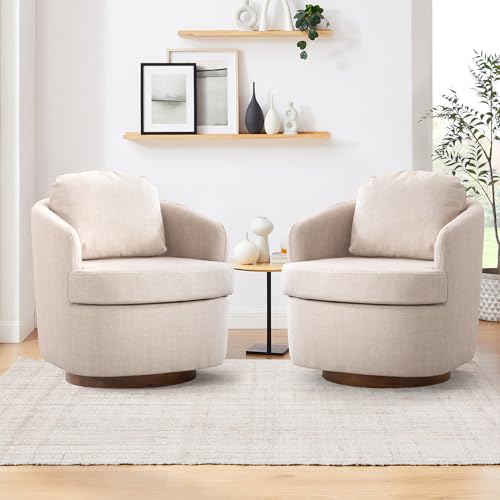 Swivel Accent Chair for Living Room, Oversized 360° Swivel Barrel Modern Chair Comfy Linen Boucle Upholstered Armchair with Soild Wood Round Brown Base for Bedroom, Beige