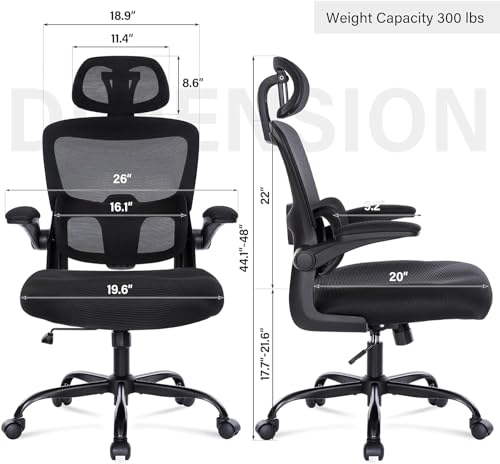 Breathable Mesh Computer Chair with 3D Adjustable Lumbar Support, High Back Desk Chair with Flip-up Arms, Executive Computer Chair Home Office Task Swivel Rolling Chairs for Adults (Cream)