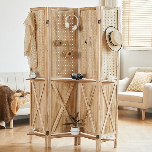 6 Panel Pegboard Display, 5.6Ft Wood Room Dividers and Folding Privacy Screens, Peg Board Room Divider, Portable Display Board Organizer for Art, Jewelry, Crafts Display Racks, Dark Brown