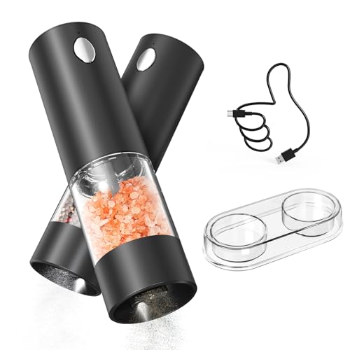 CIRCLE JOY Electric Salt and Pepper Grinder Set Automatic Salt and Pepper Grinder Set with Easy-to-Carry Charging Base and LED Light, Adjustable Coarseness, USB Rechargeable, Washable Container, Black