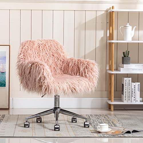 Faux Fur Home Office Chair, Comfortable Makeup Vanity Chair,Swivel Desk Chair Height Adjustable Dressing Chair for Bedroom (White+Silver)