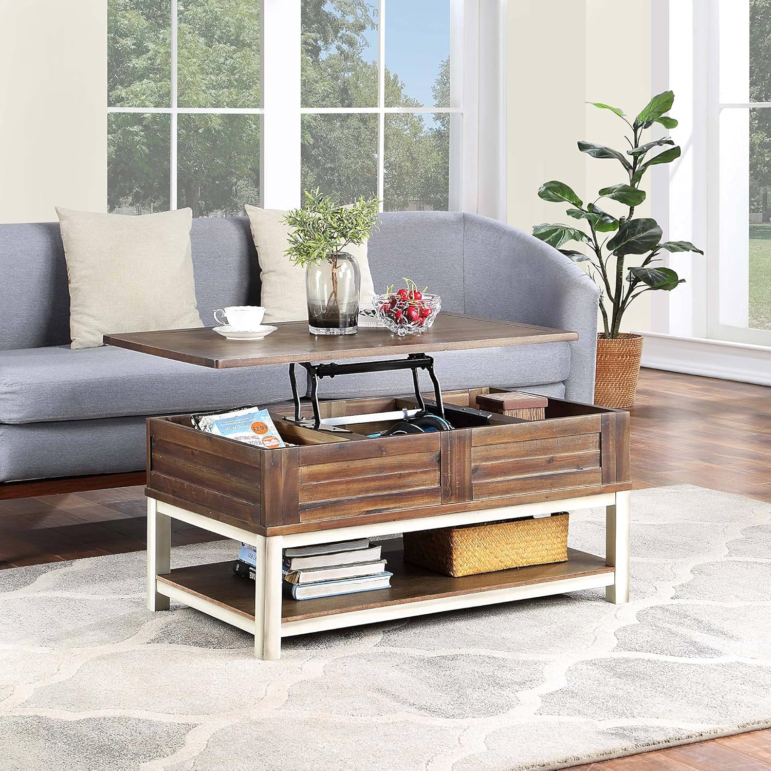 LALUZ Lift Top Coffee Table with Storage, Modern Acacia Solid Wood in Matte Grey Colour for Living Room Farmhouse, Rectangle 37.5''