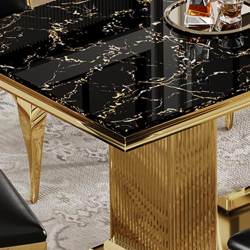 White Marble Dining Table for 6 Luxury Faux Marble Kitchen Table with Gold Mirrored Stainless Steel Base, 70