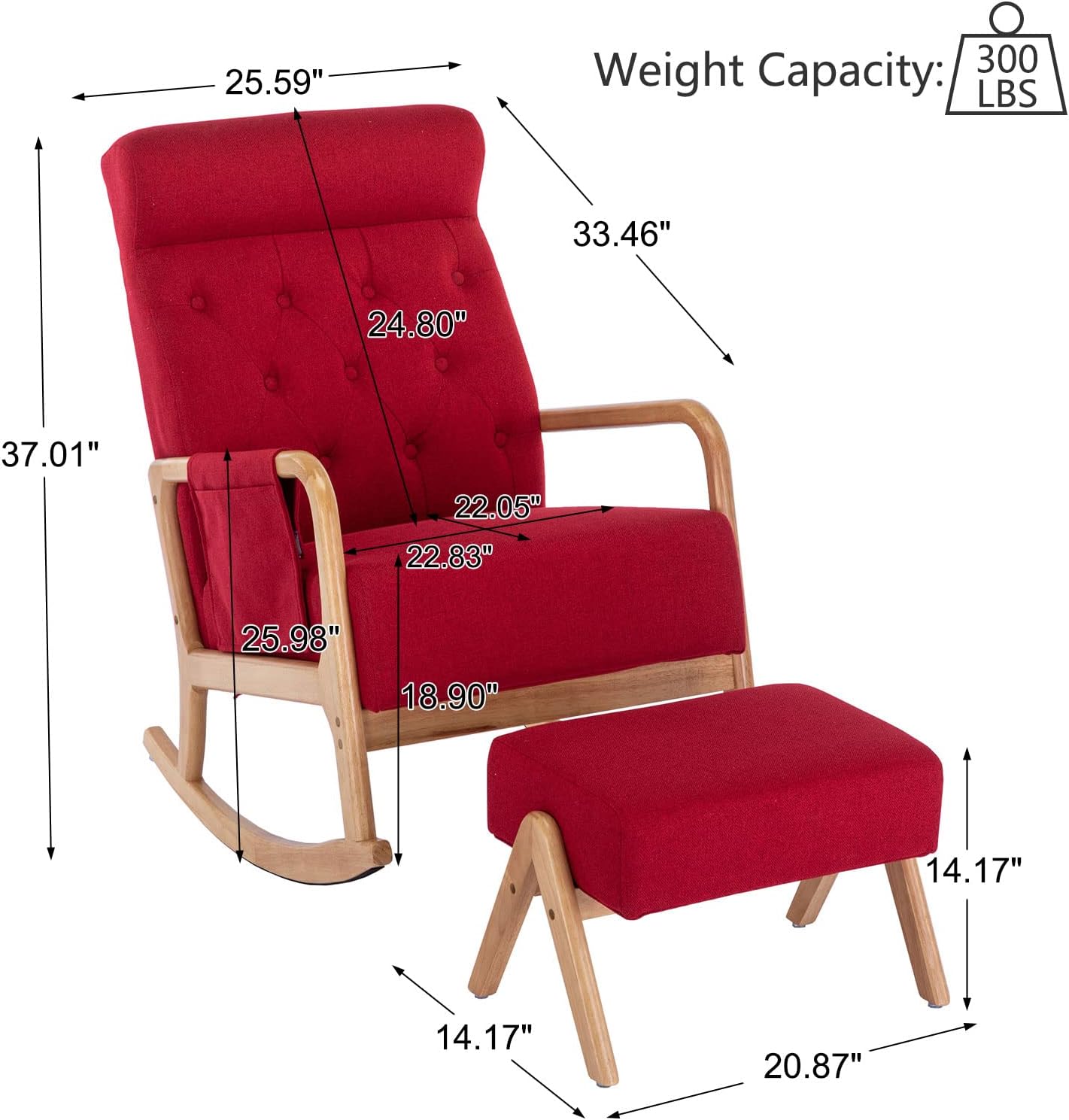 GNIXUU Glider Chair with Ottoman, Rocking Chair for Nursery, Upholstered Fabric Rocking Armchair Indoor with High Backrest for Living Room(Red)