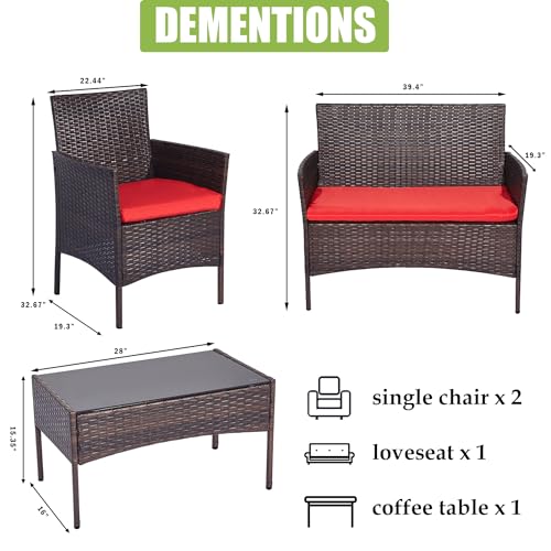 4 Pieces Patio Furniture Set, Outdoor Conversation Sets, Wicker Rattan Chairs for Garden Backyard Balcony Porch Poolside, Patio Bistro Set with Glass Table and Soft Cushions (Red)