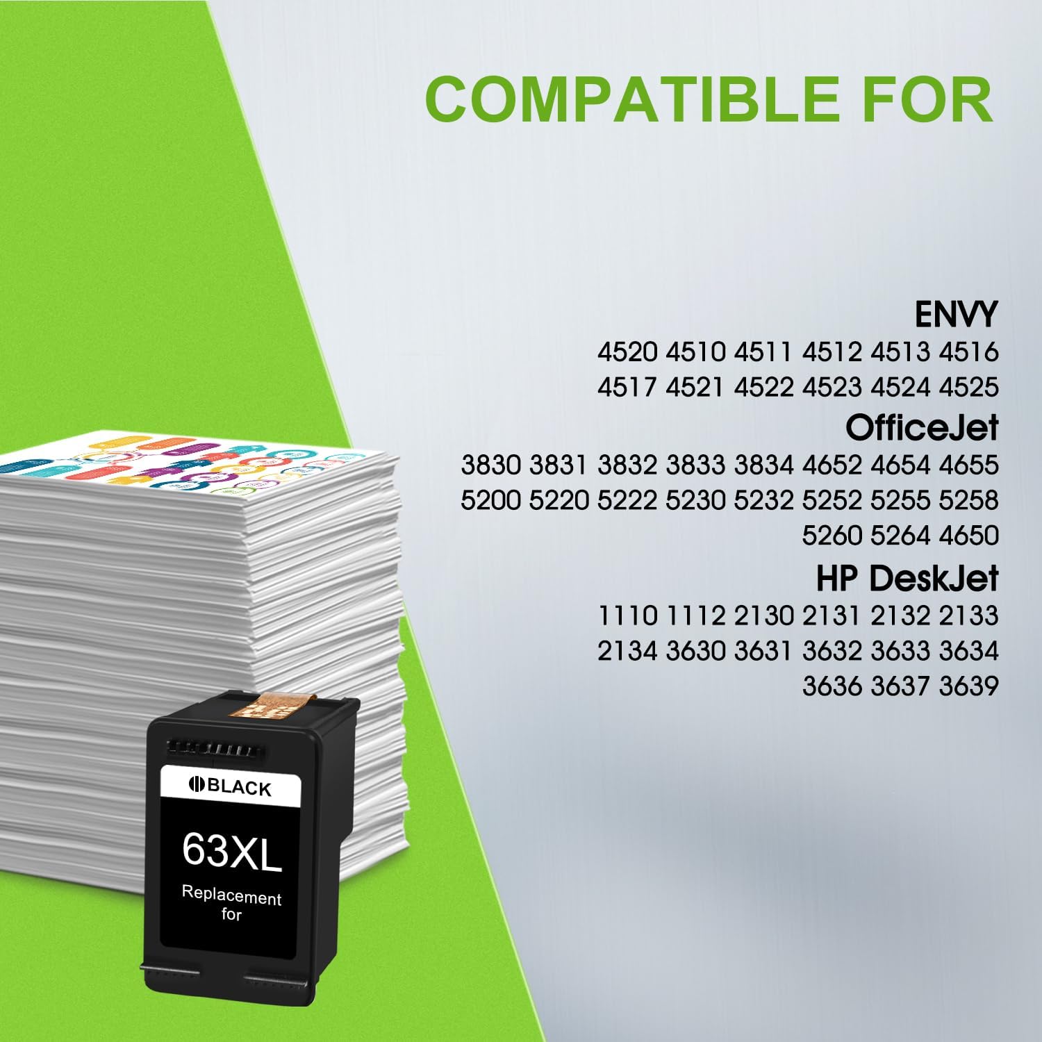 63XL Black Ink Cartridge Replacement for HP 63 63XL HP63xl Ink for OfficeJet 3830 4650 4655 5200 5255 5258 Envy 4520 4512 4516 DeskJet 1112 1110 3630 3632 3634 Printer（1 Black）