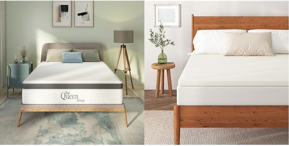 NapQueen Mattress, 8 Inch Maxima Hybrid Cooling Gel Infused Memory Foam and Innerpring, Queen, White & Gray 2 Inch Ventilated Memory Foam Mattress Topper, CertiPUR-US Certified, Queen White