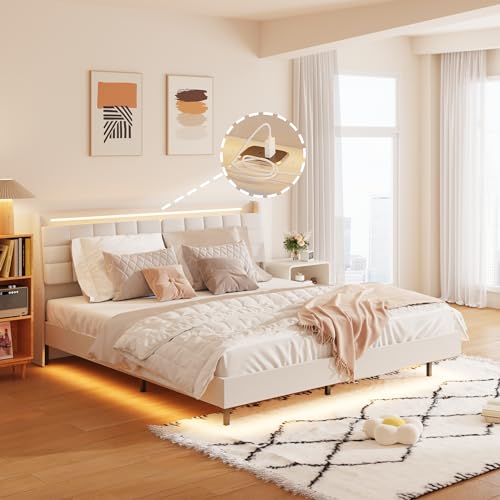 Queen Bed Frame - Queen Headboard and Frame with LED Light and Charging Station - Queen Platform Bed Frame with Headboard and Hidden Storage Space - No Box Spring Required (Blue-Queen)