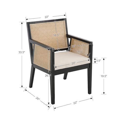 Rattan Back Dining Chairs with Arms Set of 2, Mid Century Modern Dining Chairs Linen Fabric Upholstered Kitchen Chairs Side Chairs with Black Wooden Frame for Dining Room, Cream