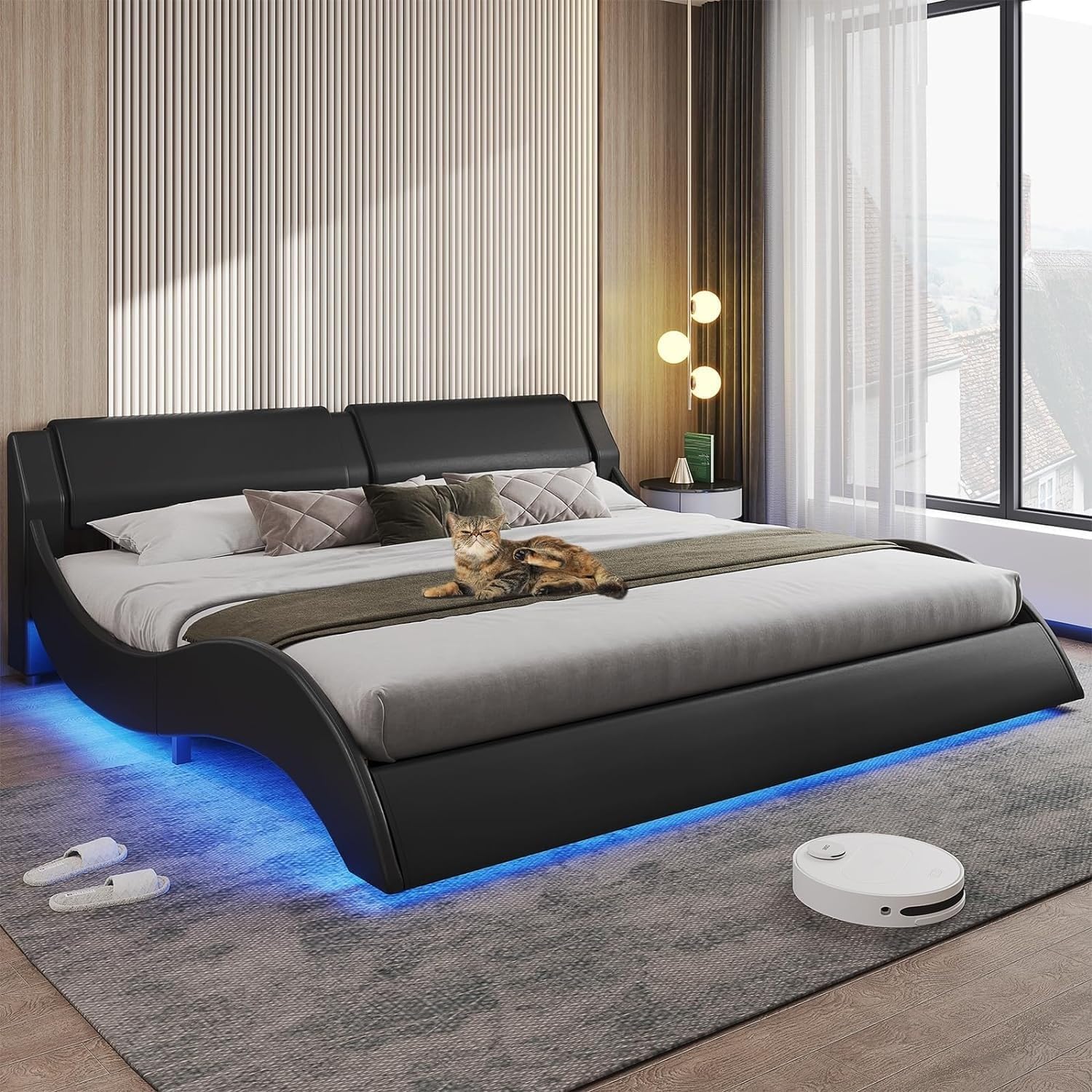 King Led Bed Frame Modern Leather Low Profile Platform Black Wood Finish Headboard Included, Medium