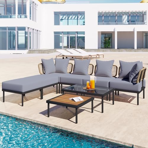 8-Piece Outdoor Conversation Set with Tempered Glass Coffee Table and Wooden Coffee Table, All Weather Patio Sectional Sofa Set with Waterproof Cushions for Patio Porch Garden (Black Steel)