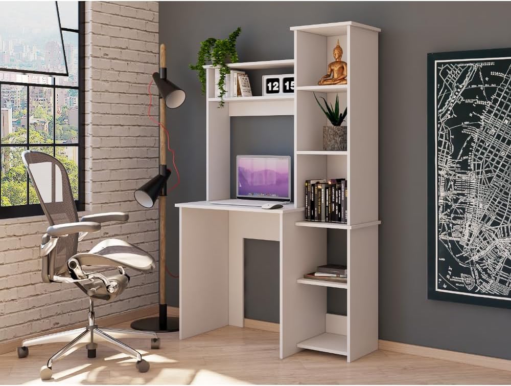 Aramis Board Desk with Hutch and 5, Shelf Bookcase, Space, Saving Modern Design, 38.7