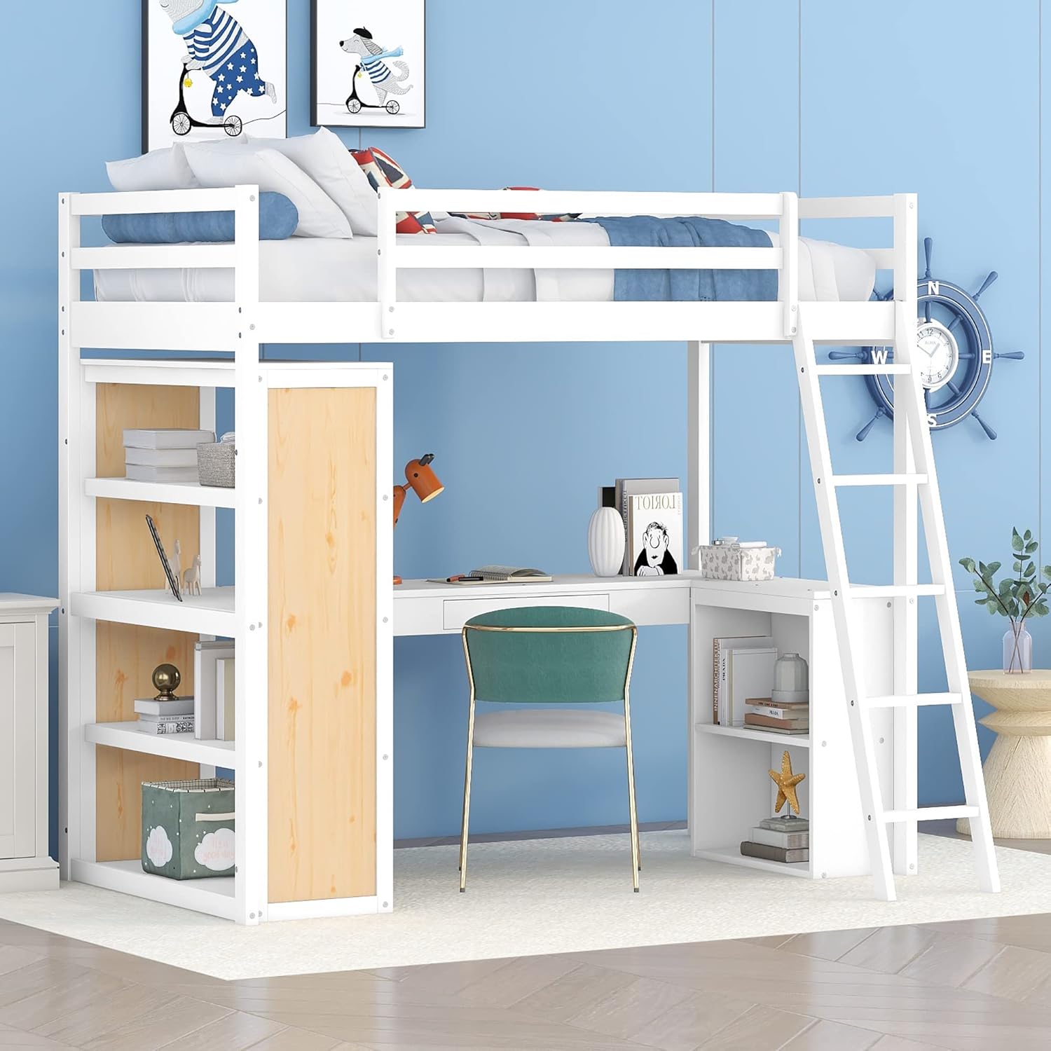 Twin Size Loft Bed with Ladder, Shelves, and Desk, White