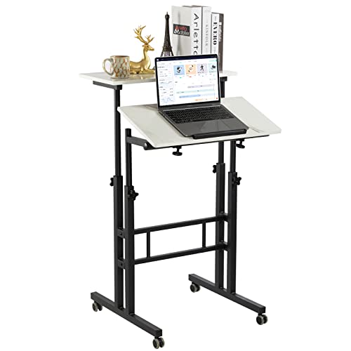 Hadulcet Adjustable Standing Desk, Mobile Standing Desk, Laptop Cart on Wheels, Rolling Computer Cart for Home Office, Rolling Table for Stand Up, Marble White
