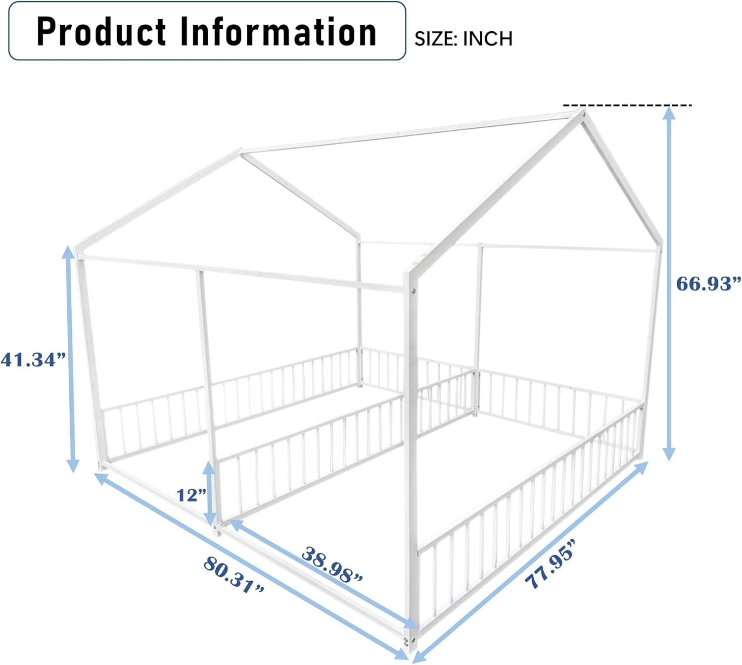 Twin Size Double Platform Bed with Roof & Fence for Kids Bedroom,Sturdy Steel House Shaped Floor Bedframe,No Box Spring Needed & Super Save Spave, White