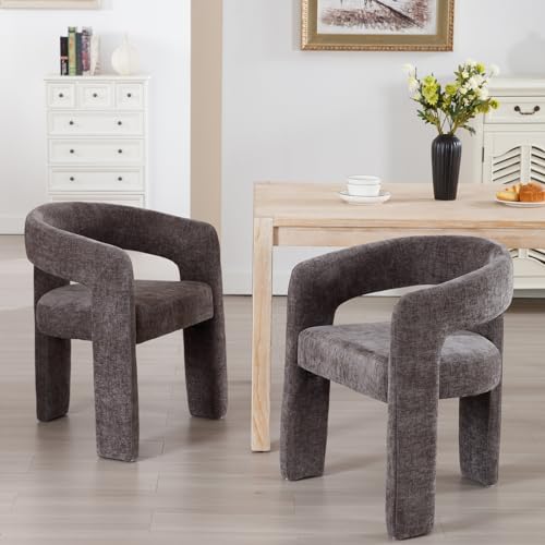 Upholstered Sherpa Dining Chairs Set of 4, Modern Barrel Faux Fur Dining Room Chair with Arm Comfy Accent Side Chair for Kitchen/Living Room/Reception, White