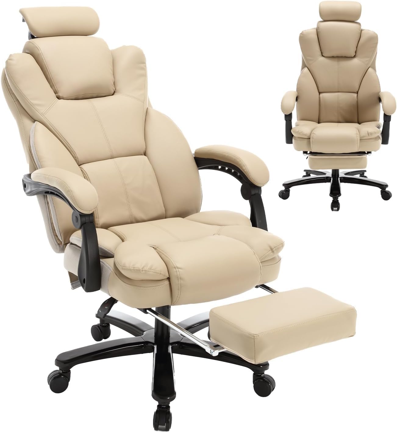 linting High Back 400lbs Big and Tall Reclining Executive Office Chairs with Footrest Headrest, Ergonomic Comfortable Leather Recliner Desk Chairs, Plus Size Managerial Executive Chairs, Beige