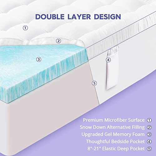 3 Inch Dual Layer Memory Foam Mattress Topper Queen, 2 Inch Memory Foam Plus 1 Inch Down Alternative Pillowtop Mattress Pad, with Bedside Pocket, Support for Back Pain (Queen, White)