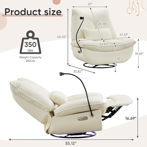 Oversized Electric Recliner with Smart Voice Control, 270° Swivel Recliner Glider Rocker, 43.7'' Extra Wide Power Reclining Chairs Living Room Theater Seating (Dark Gray, Faux Leather)